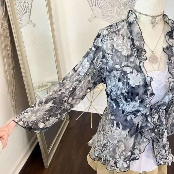 Studio 1940 Silver Grey Sheer Mesh Early 2000's Ruffle Front Tie Cardigan 14 16 - Picture 5 of 7